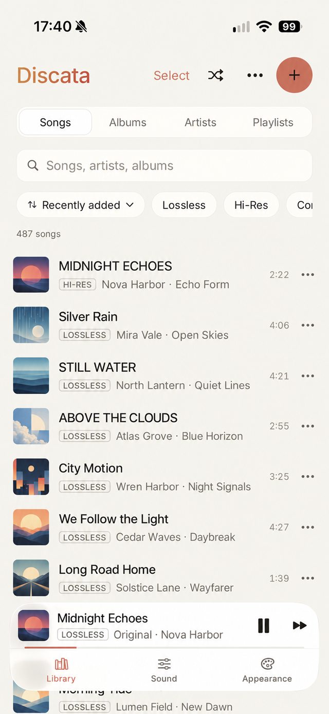 Library screen with a song list.