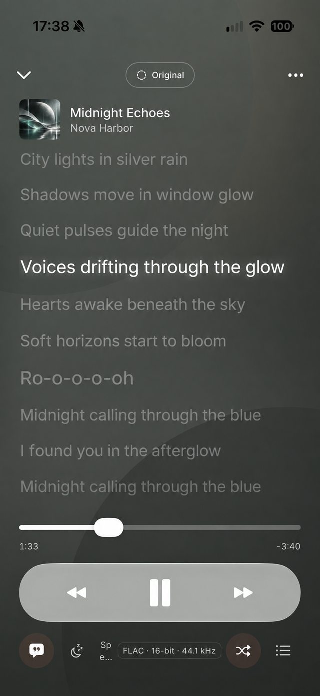 Now Playing screen showing lyrics.