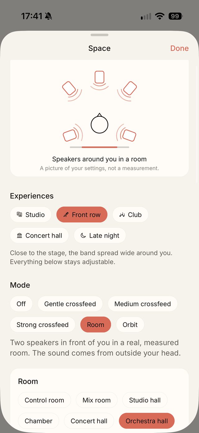 Space screen with a diagram of speakers around a listener, experiences, modes and rooms.